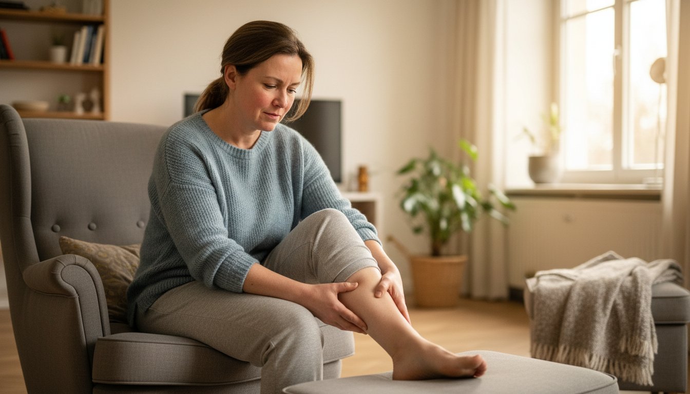 Woman experiencing swollen legs — gently touching her visibly swollen lower leg while sitting on a couch