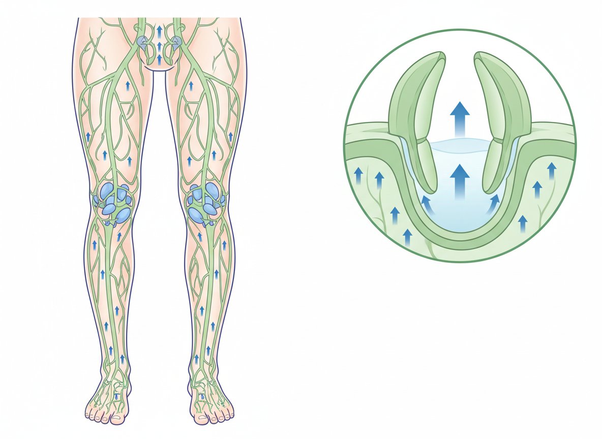 Simplified anatomical illustration of the lymphatic system — highlighting lymph vessels with one-way valves, lymph nodes, and fluid flow